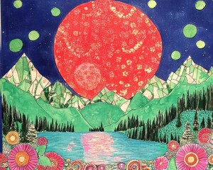 Colorful mountain landscape with a red moon