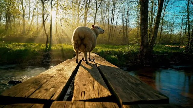 A serene scene of a pig walking along a wooden bridge over a stream, surrounded by lush greenery and sunlight filtering through trees - fat-tailed sheep | kurdyuk