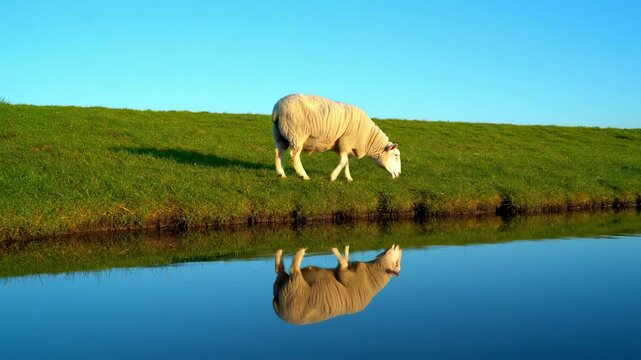 A serene scene of a sheep walking along a grassy bank by a calm pond, reflecting the clear blue sky and tranquil surroundings - fat-tailed sheep | kurdyuk