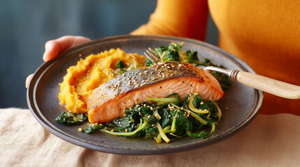 Salmon Fillet Served with Saut&eacute;ed Spinach and Creamy Sweet Potato Mash
