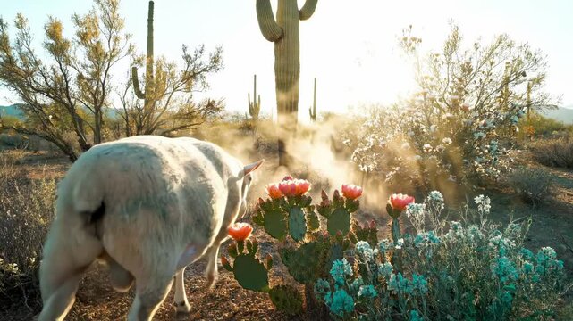 A curious sheep explores vibrant flowers in a desert landscape at sunrise, with cacti and mist creating a serene atmosphere - fat-tailed sheep | kurdyuk