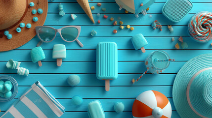 Summer Background with Cool Blue Popsicles, Sunglasess, Hat, Smoothie