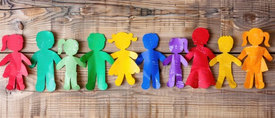 Colorful paper cutouts of children holding hands