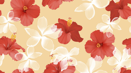 Floral seamless pattern features large, vibrant red hibiscus flowers interspersed with translucent white flowers on a soft yellow background