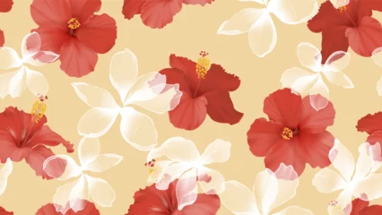 Fototapeten Floral seamless pattern features large, vibrant red hibiscus flowers interspersed with translucent white flowers on a soft yellow background © momosama