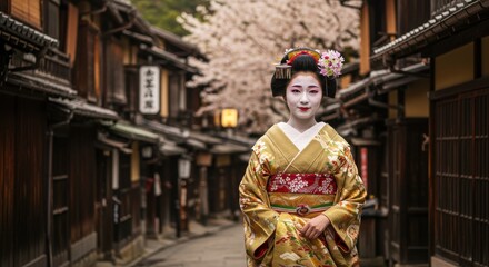 桜並木を背景にした京都の芸妓
