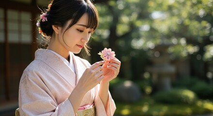 Obraz premium 着物を着た女性が桜の花を持つ、庭園の日本の風景