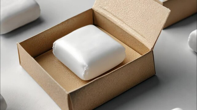 Minimalist packaging design featuring a single white soap bar in a kraft paper box on a neutral background. 