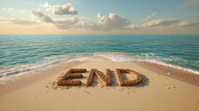 Seascape Sunset Word END in Sand on Secluded Island Beach