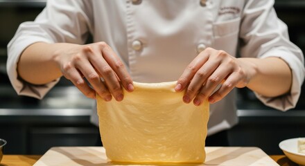 シェフが生地を伸ばしている様子、調理工程のイメージ