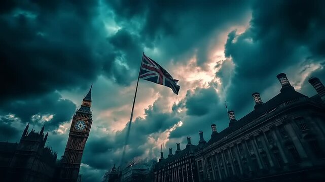 Majestic view of Big Ben under dramatic cloudy skies with a British flag waving in the foreground