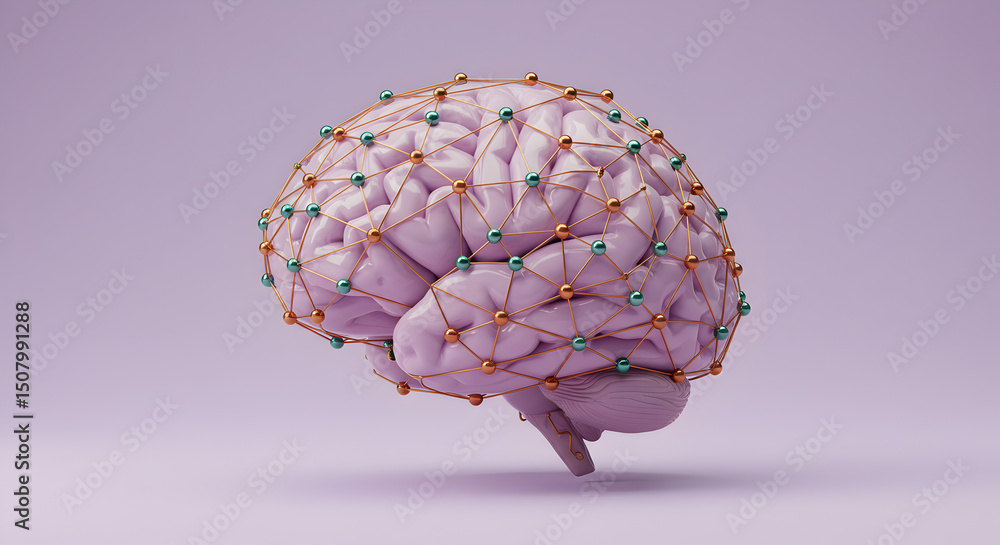 Poster stylized purple brain model with connected nodes representing ai on light purple background