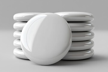 Glossy white button mockup stack with reflective surface

