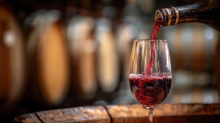 Red wine pouring into a glass, capturing the rich essence of indulgence.	