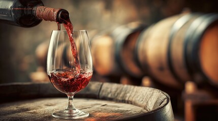 Red wine pouring into a glass, capturing the rich essence of indulgence.	