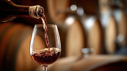 Red wine pouring into a glass, capturing the rich essence of indulgence.	