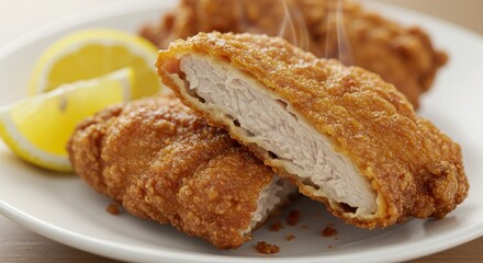 Chicken schnitzel cut in half with lemon wedges on plate