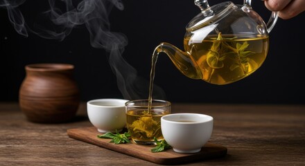 お茶を注ぐ、ティーポットからカップへ、リラックスタイム