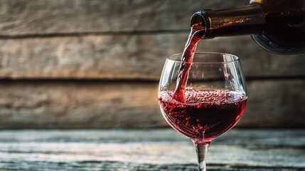 Red wine pouring into a glass, capturing the rich essence of indulgence.	