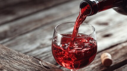 Red wine pouring into a glass, capturing the rich essence of indulgence.	