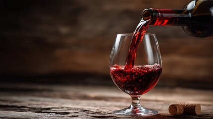 Red wine pouring into a glass, capturing the rich essence of indulgence.	