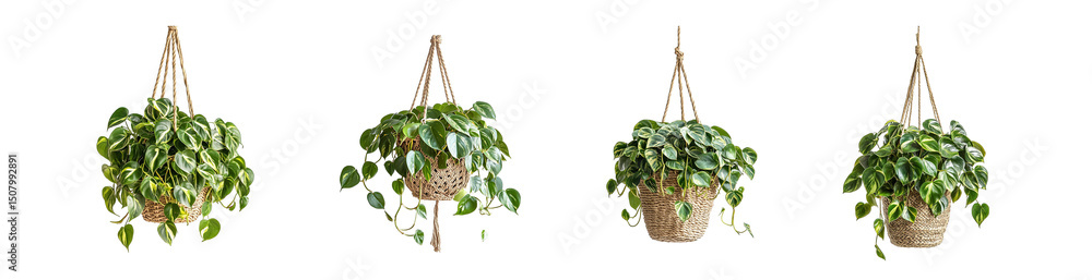 Poster set of hanging plant baskets with trailing greenery. isolated on transparent background