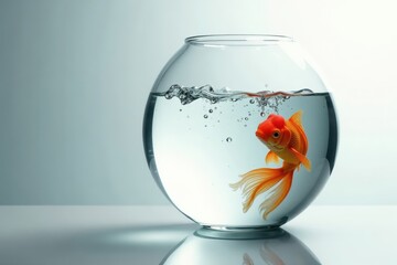 Goldfish arcs out of a clear bowl, towards open space , dynamic, jump
