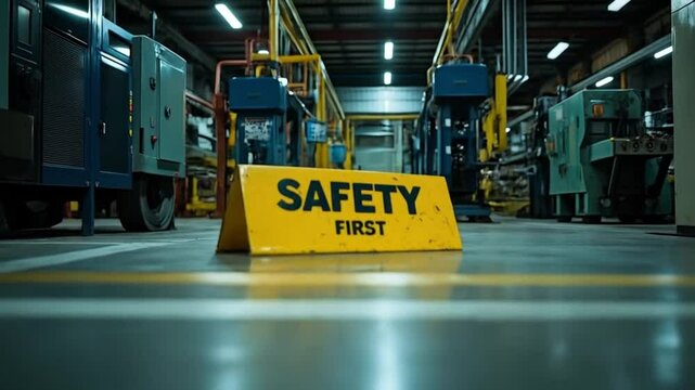 Bright yellow sign boldly displays safety first for workplace awareness