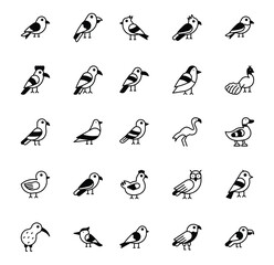 25 unique black and white bird illustrations arranged in a grid pattern