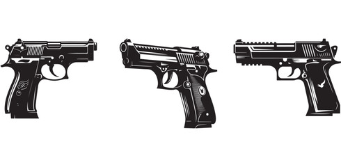 Black and White Vector Illustrations of Modern Guns – Handgun, Assault Rifle, and Tactical Weapon Design for Military Graphics, Gaming Art, and Educational Use.