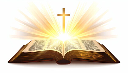 Radiant Cross Stylized Vector of Open Bible with Light Rays