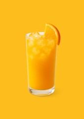Orange Juice in Glass with Ice and Slice on Yellow Background