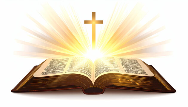 Radiant Cross Stylized Vector of Open Bible with Light Rays