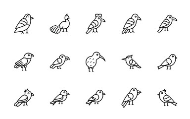 Fifteen outlined birds are arranged in three rows on a white background