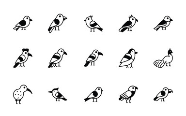 Fifteen black and white bird icons are arranged in three rows against a white background
