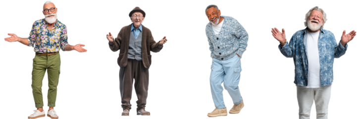 Joyful and Cheerful Portraits of Older Men in Colorful Outfits Displaying Happiness