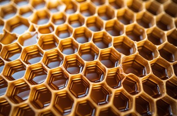 macro view of honeycomb filled with golden natural honey