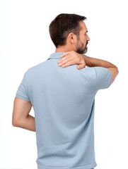 A man scratching the back of his neck awkwardly, medium closeup, isolate on white background