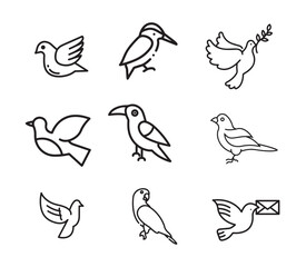 Nine bird outlines diverse species poses one with olive branch another with envelope