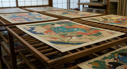 木製ラックに並べられた浮世絵の版画