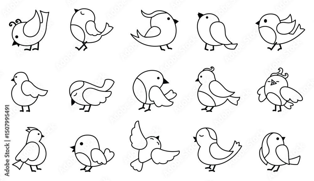 Poster outlined bird icons are displayed in a gridded arrangement showcasing diverse feather patterns