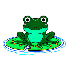 Green frog on white background, Pattern of a green frog sitting on a lotus leaf in the middle of the water. 