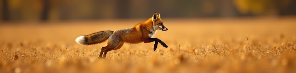 Obraz premium Striking red fox leaps across harvested field Stunning coat, long tail, active hunt , outdoor, picture