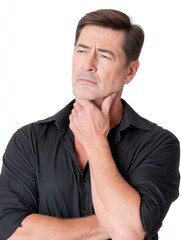 A man looking away with a hint of sadness, medium closeup, isolate on white background