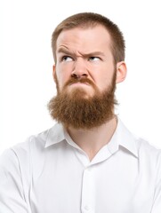 Fototapeta premium A man looking away with a hint of sadness, medium closeup, isolate on white background