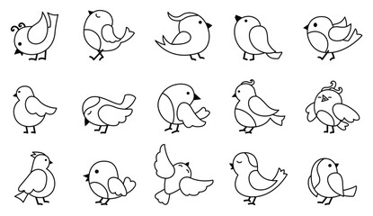 Outlined bird icons are displayed in a gridded arrangement showcasing diverse feather patterns