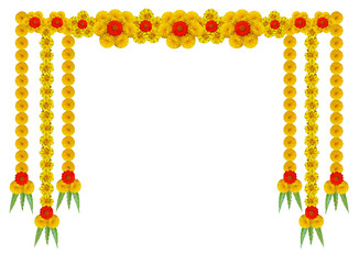Marigold flower garland decoration backdrop for wedding decor, Happy Diwali, Indian Holiday...