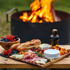 verity of ready to eat foods on the table with bonfire on the background.