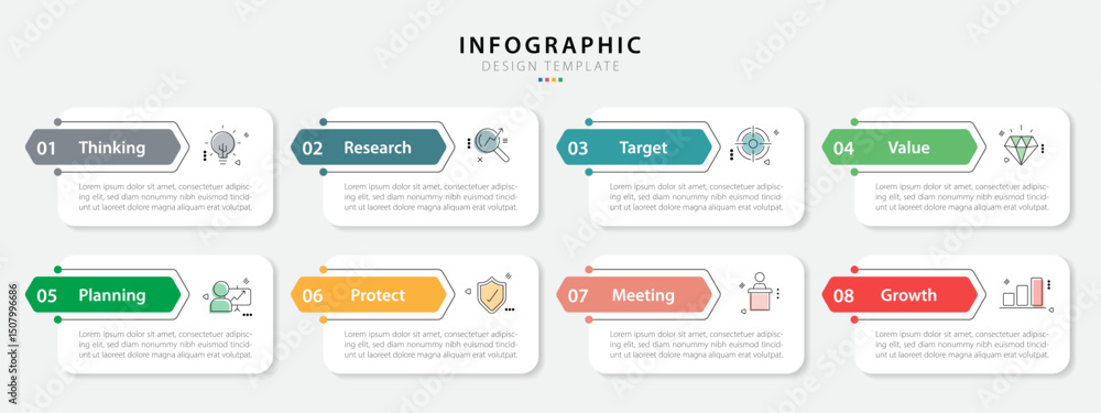 Aufkleber Timeline Creator infographic template. 8 Step timeline journey, calendar Flat simple infographics design template. presentation graph. Business concept with 8 options, gantt vector illustration.