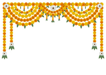 Marigold flower garland decoration backdrop for wedding decor, Happy Diwali, Indian Holiday festival background